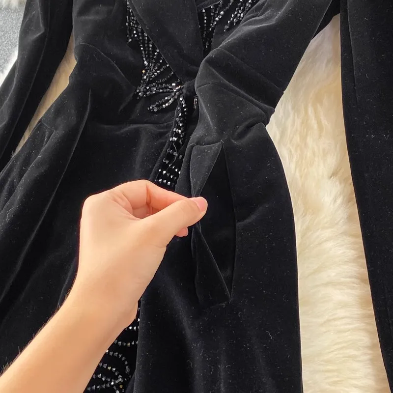 New Luxury High Quality Autumn Winter Velvet Black Long