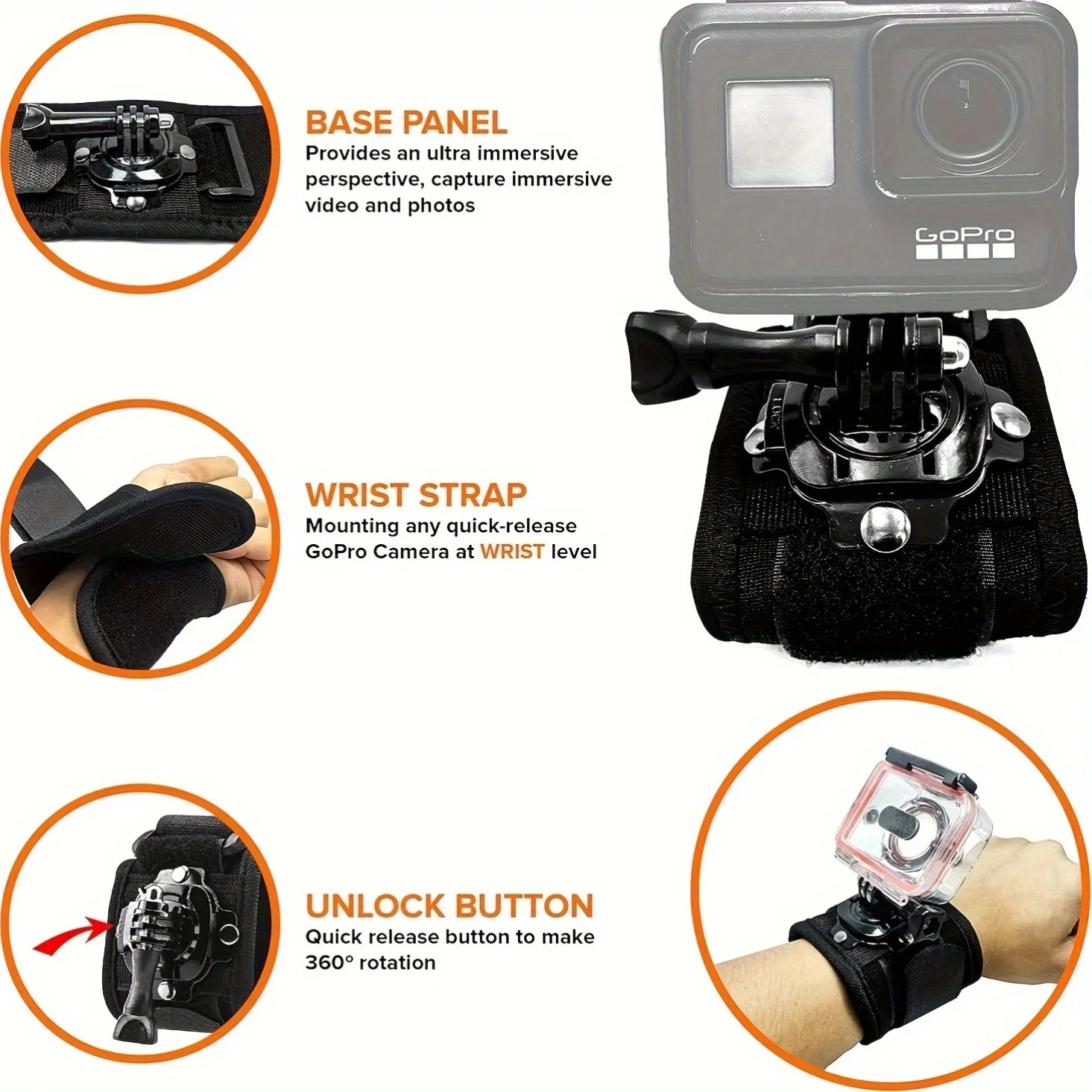 Support dragonne rotatif réglable pour caméra d'action GoPro en position verticale, montrant la fixation sécurisée et la dragonne.