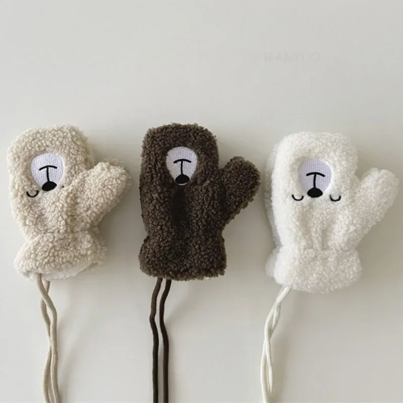 Children Lamb Wool Neck Hanging Gloves Mittens Kids Accessories 2-6 Years