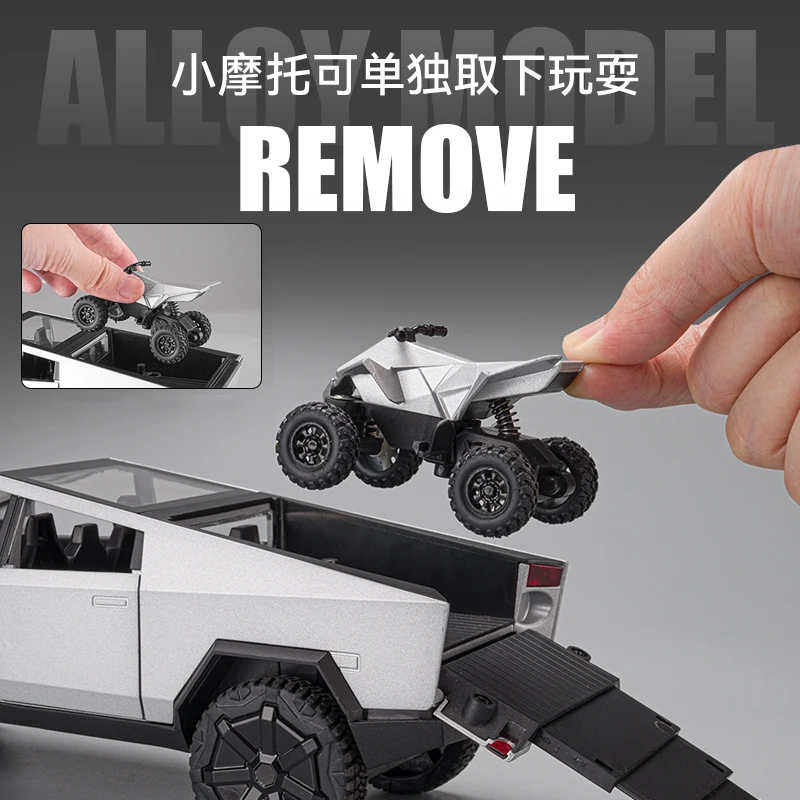 1:24 Tesla Cybertruck Pickup With Motorcycle Alloy Car Model Diecast Toy Vehicle Sound and Light Simitation Cars Model Toys Gift 4