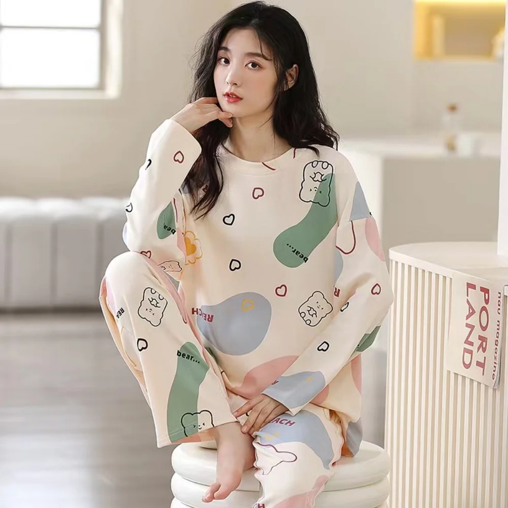 

Women's Cotton Pajamas Big Size Sleepwear Sets Woman 2 Pieces Pajamas Spring Autumn Female Couples Loungewear Suit Home Clothes