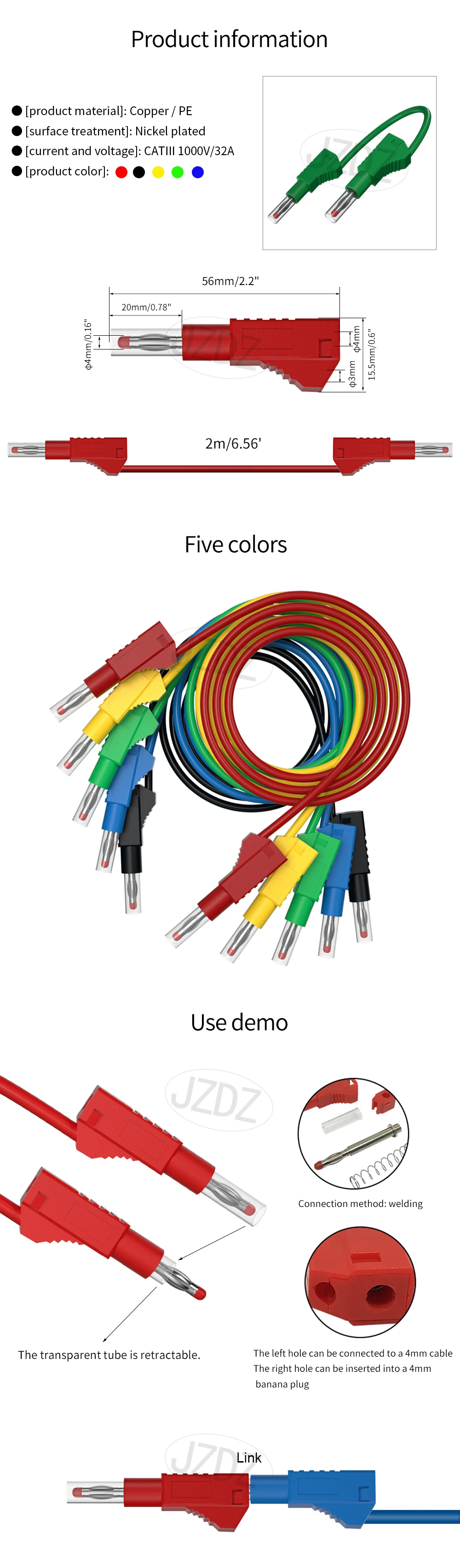 JZDZ 200 cm 5 Stück Sicherheit einziehbar 4 mm Bananenstecker Multimeter Messleitungen Kabel Leitungsdraht elektrische Testwerkzeuge 70022 – Detail 1