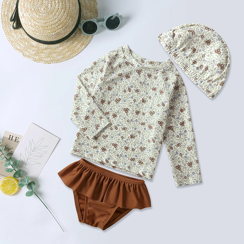 Kids Swimming Suit Girls Cute Swimwear Children Swim Suit Long Sleeve Toddler Swimsuits Kids Swimwear with Hat - 6