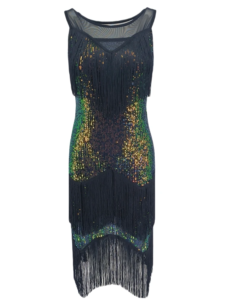 Sexy Female Sequin Fringe Dress O-Neck Sleeveless See Through Mesh Bodycon  Tired Tassel Dress Glitter Party Club Dress - AliExpress 200000345