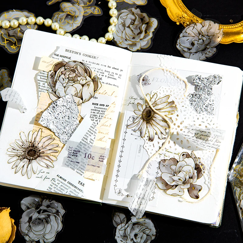 

40 pcs stickers aesthetic literary PET foil literary white flowers elegant decorative handbook stickers multiple styles 4 models
