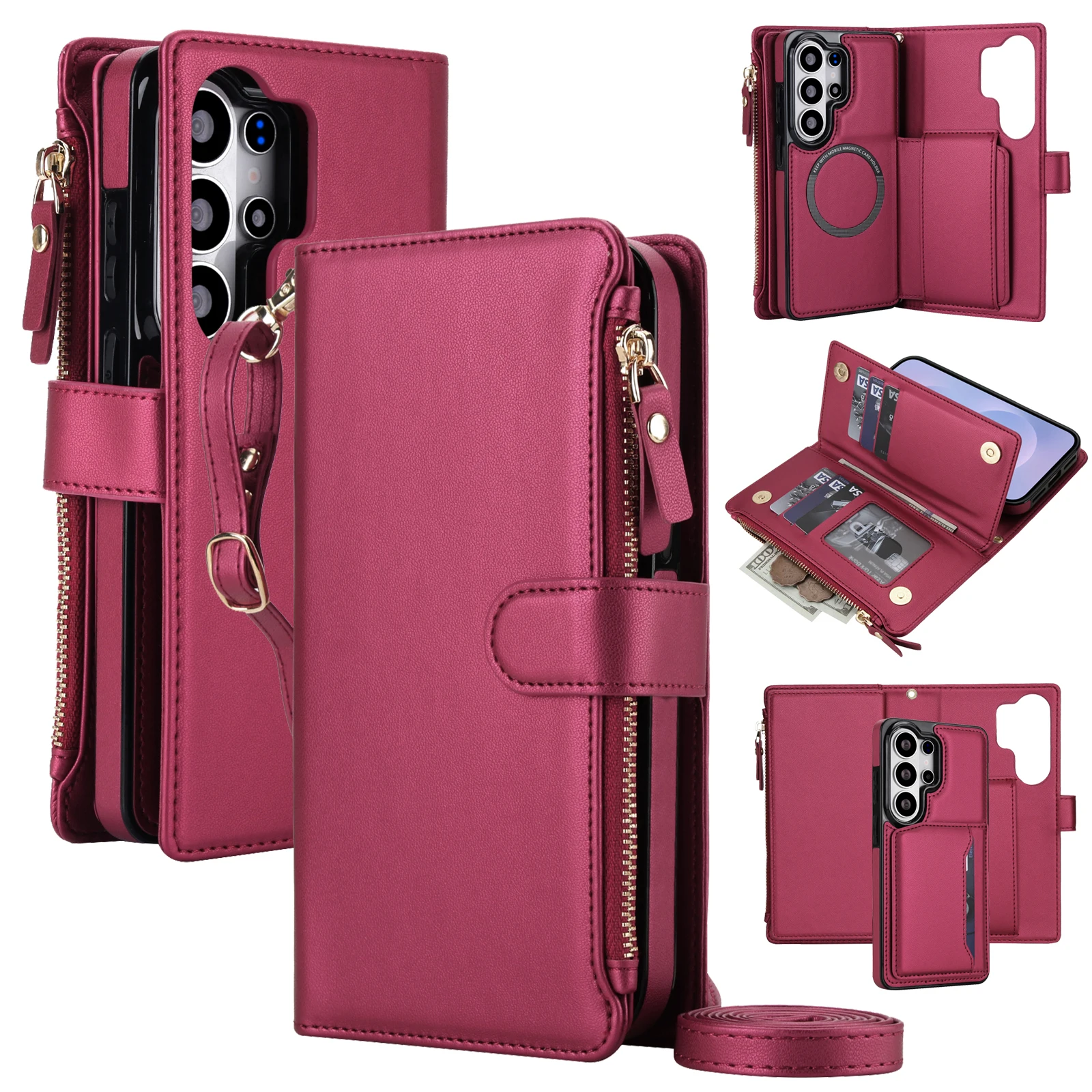 Premium Wireless Charging Flip Wallet Phone Case with Lanyard Strap and Bumper Protection