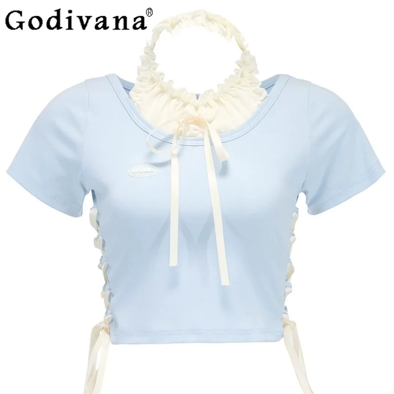 

Students T-shirt Summer New Sweet Hot Girl Blue Short Top Fashion Elegant Slim Halter Lace-up Bow Patchwork Y2k Tshirts Women