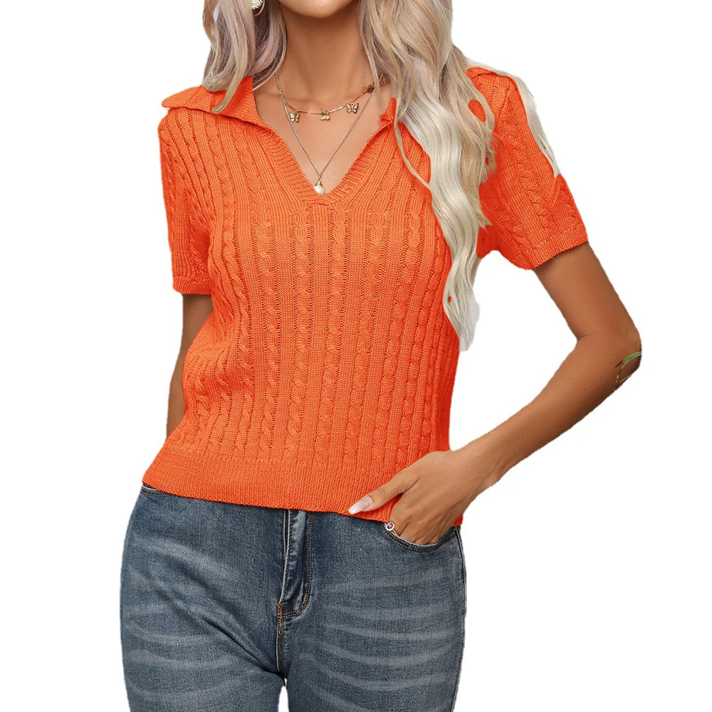 Women Short Sleeve Twist Knitted Loose Tshirt Tops