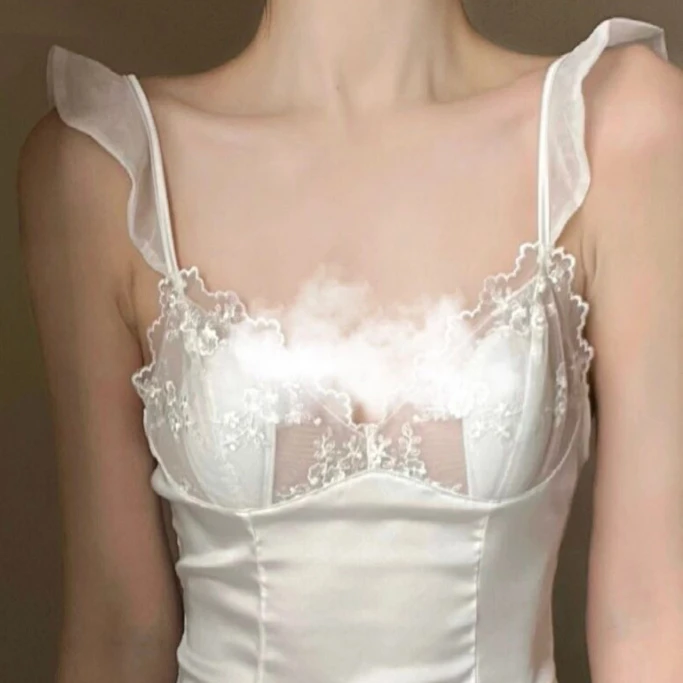 Girl Lace Pajamas Lacework Pendent Pyjamas Ladies Spring Autumn Sleepwear V Neck Tulle Nightdress Solid Color Ice Silk Nightgown