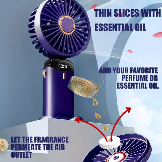 Handheld Fan,Foldable Desk Desktop Type-C Rechargeable Fans with Lanyard and Base, Mini Fan with LED Display 4