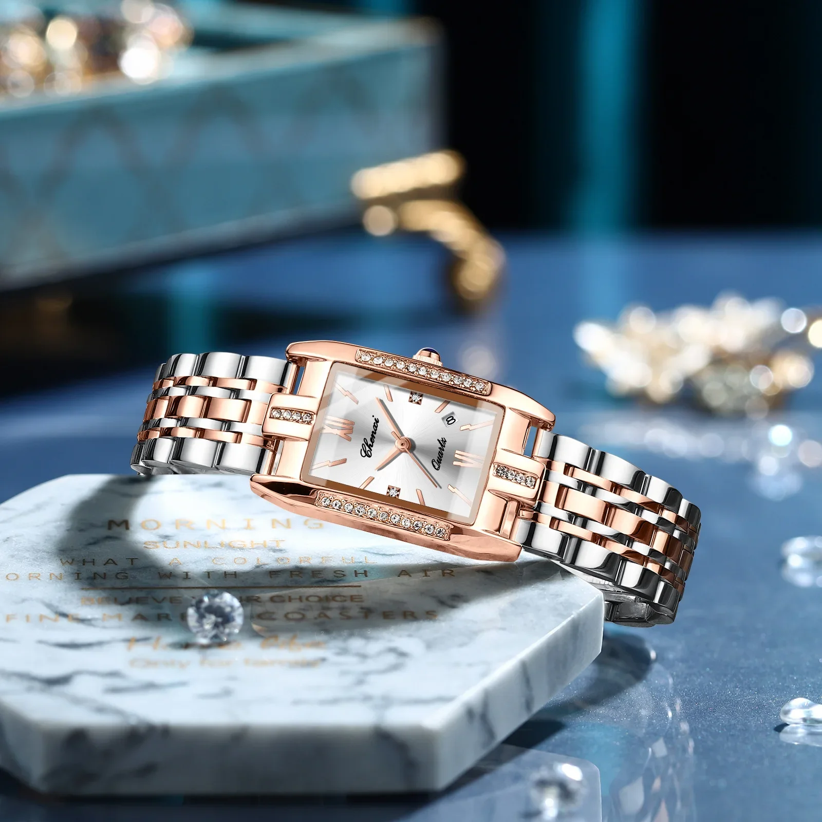 CHENXI New Square Women's Watch Calendar Rose Steel Watchband Waterproof Belt Diamond Fashion Quartz Watch Women
