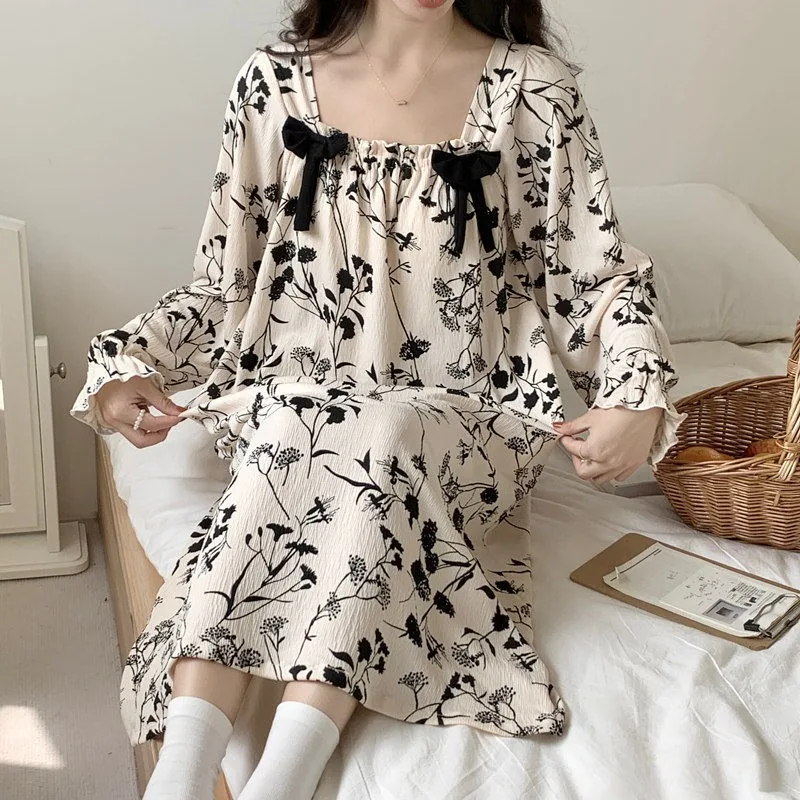 Women Spring Autumn Sleeping Dress Cotton Long-sleeved Nightdress Square Collar Bow Pajamas 2024 New Sweet Print Home Wear Set