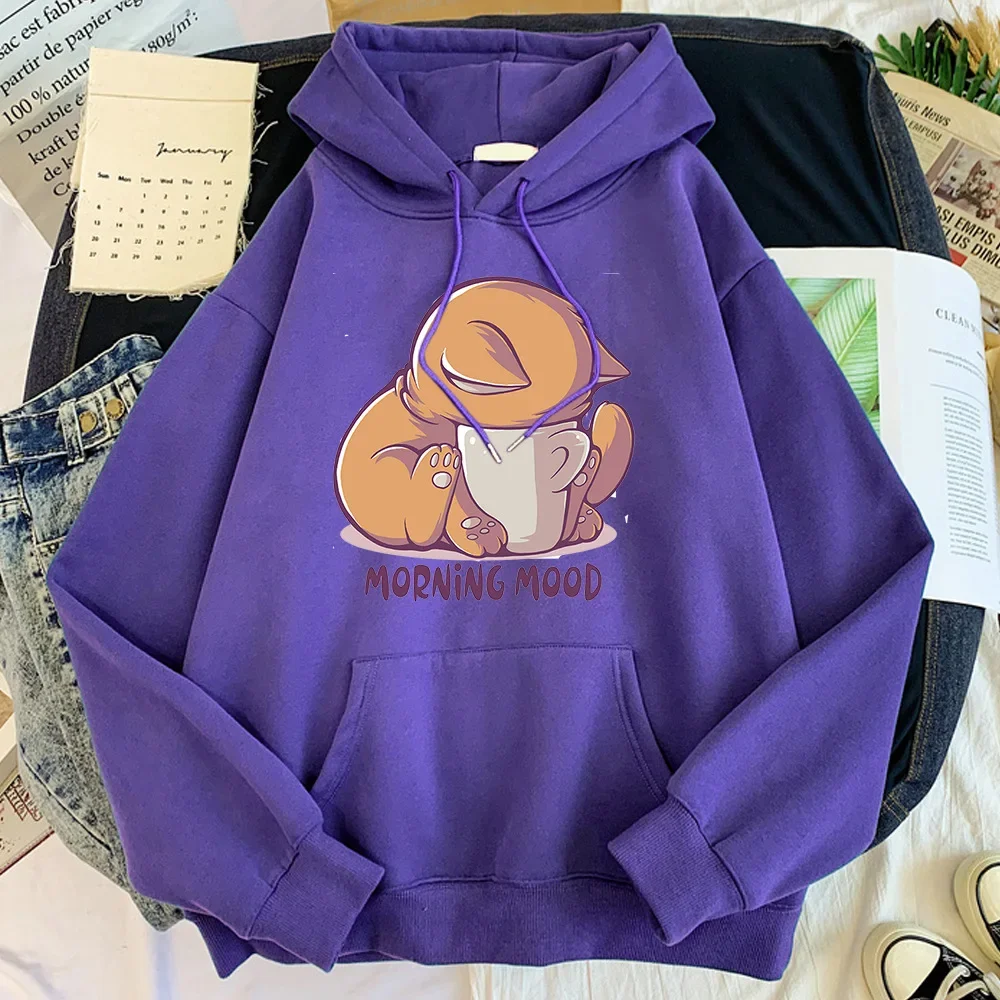 Cute Fox Printed Hooded Sweatshirts Women Plush Loose Casual Pullovers Big Pockets Autumn Winter Cartoon Hoodies Cartoon Coats