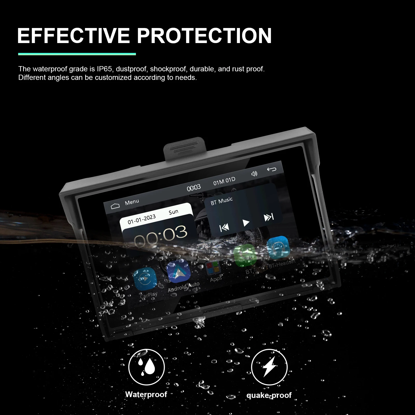 Podofo 5\'\' Motorcycle Carplay Portable Motorcycle Monitor Wireless Carplay Android Auto IP65 Waterproof GPS Navigation Player