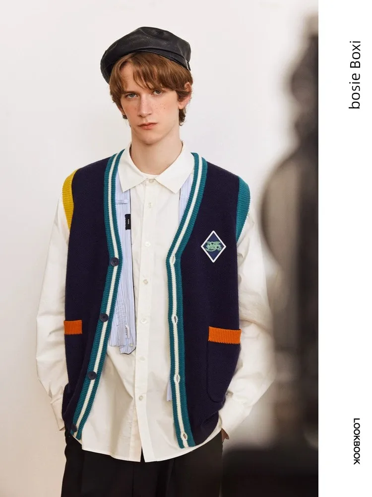 

Shopping Mall Matching Couple College Style Contrasting Color Open Front Vest