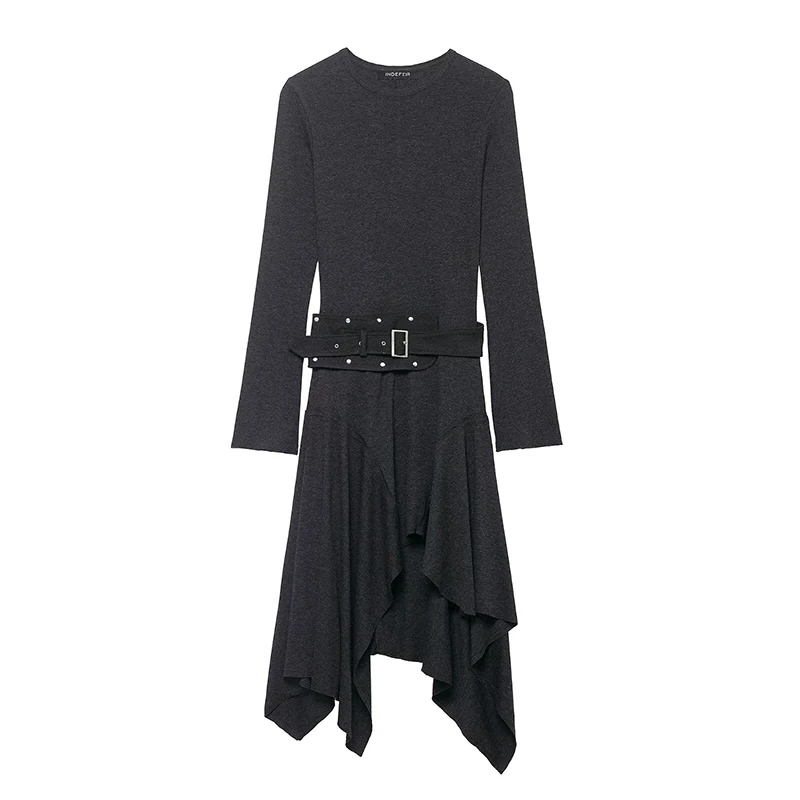 Chic Women Dress New Fashion With Belt Women's Dresses Asymmetry Midi Dress Long Sleeve O Neck Street Casual Dress ﻿