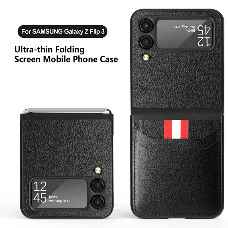 galaxy z flip3 phone case Leather Wallet Card Slot Holder Folding Case for Samsung Galaxy Z Flip 3 5G Flip3 Soft Lychee Pattern Matte Business Phone Cover galaxy flip3 case