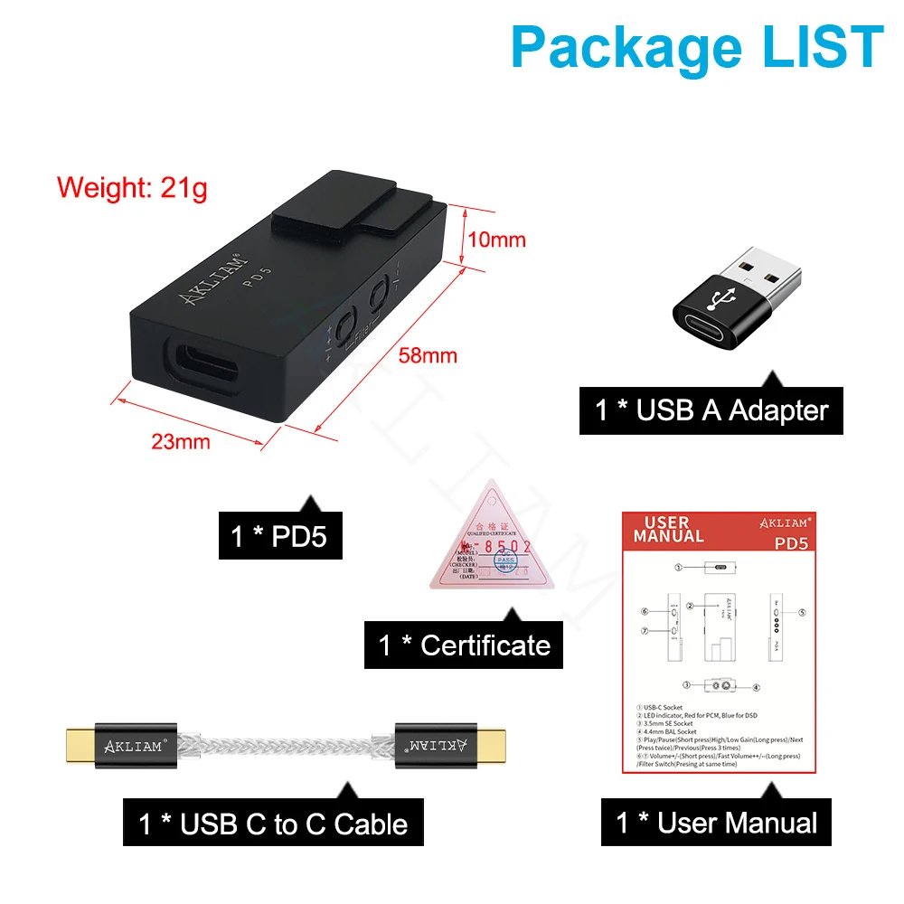 (앤디 5성) AkLIAM PD5 AK4493SEQ USB Dac 휴대용 USB Dac 및 앰프 4.4mm 밸런스드 및 3.5mm 헤드폰 앰프 PCM768KHz DSD512