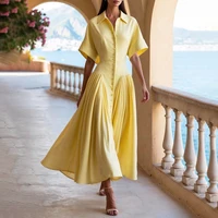 Modigirl Woman Summer Elegant Midi Dresses 2025 High Waist Lapel Neck Short Sleeves Buttoned Flowy A Line Shirt Dress for Women