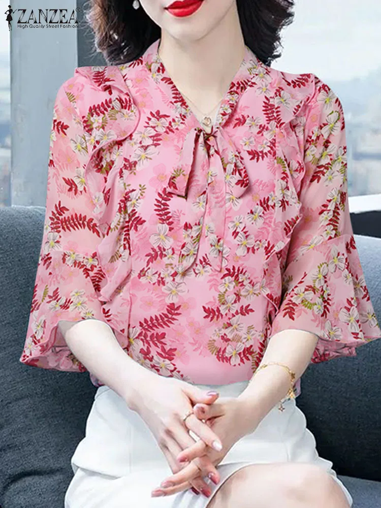 

Блузка ZANZEA женская с бантом на шее, винтажный топ с расклешенным рукавом 3/4, рубашка с цветочным принтом в ретро стиле, элегантная повседневная офисная одежда, лето 2024