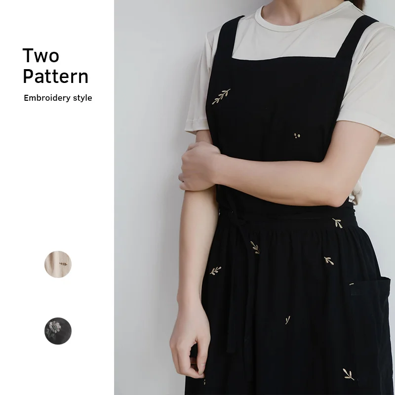 

Korean Women Embroidery Waterproof Apron Washed Cotton with Pockets for Kitchen Housework Baking Chef Coffee Shop Pinafore