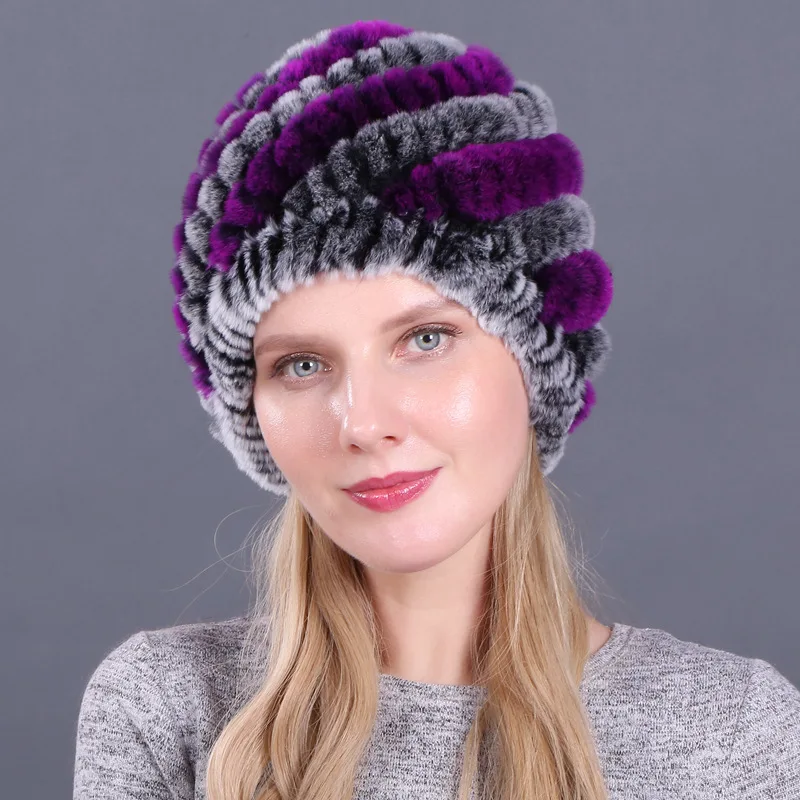 

Hot Sale Lady Real Rex Rabbit Winter Fur Hat For Women Russian Real Fur Knitted Cap Headgear Winter Warm Women Hat Beanie Hats