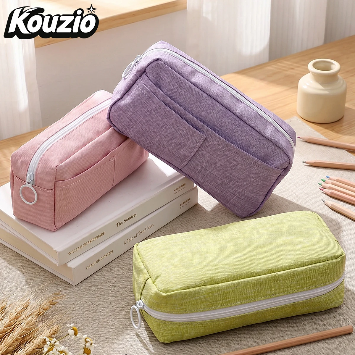 대용량 캔버스 필통, 앞주머니, 지퍼 펜 파우치, 사무실 및 여행용 - KOUZIO