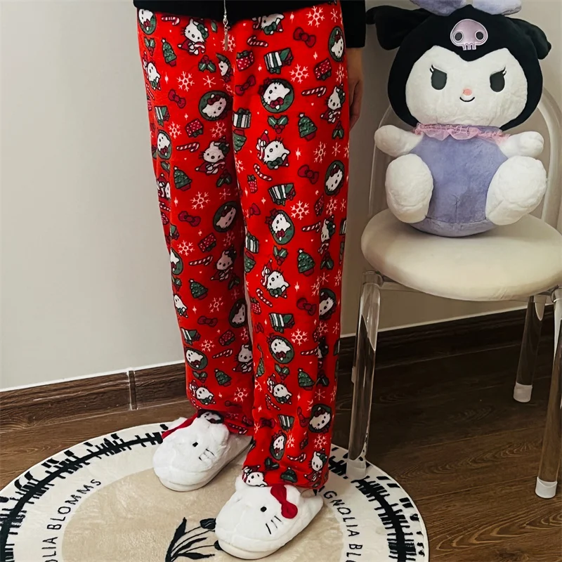 

Christmas Pants Sanrio Hello Kitty Kuromi Anime Pajama Pants Winter Warm Home Casual Pants Plus Fleece Pajama Pant Halloween