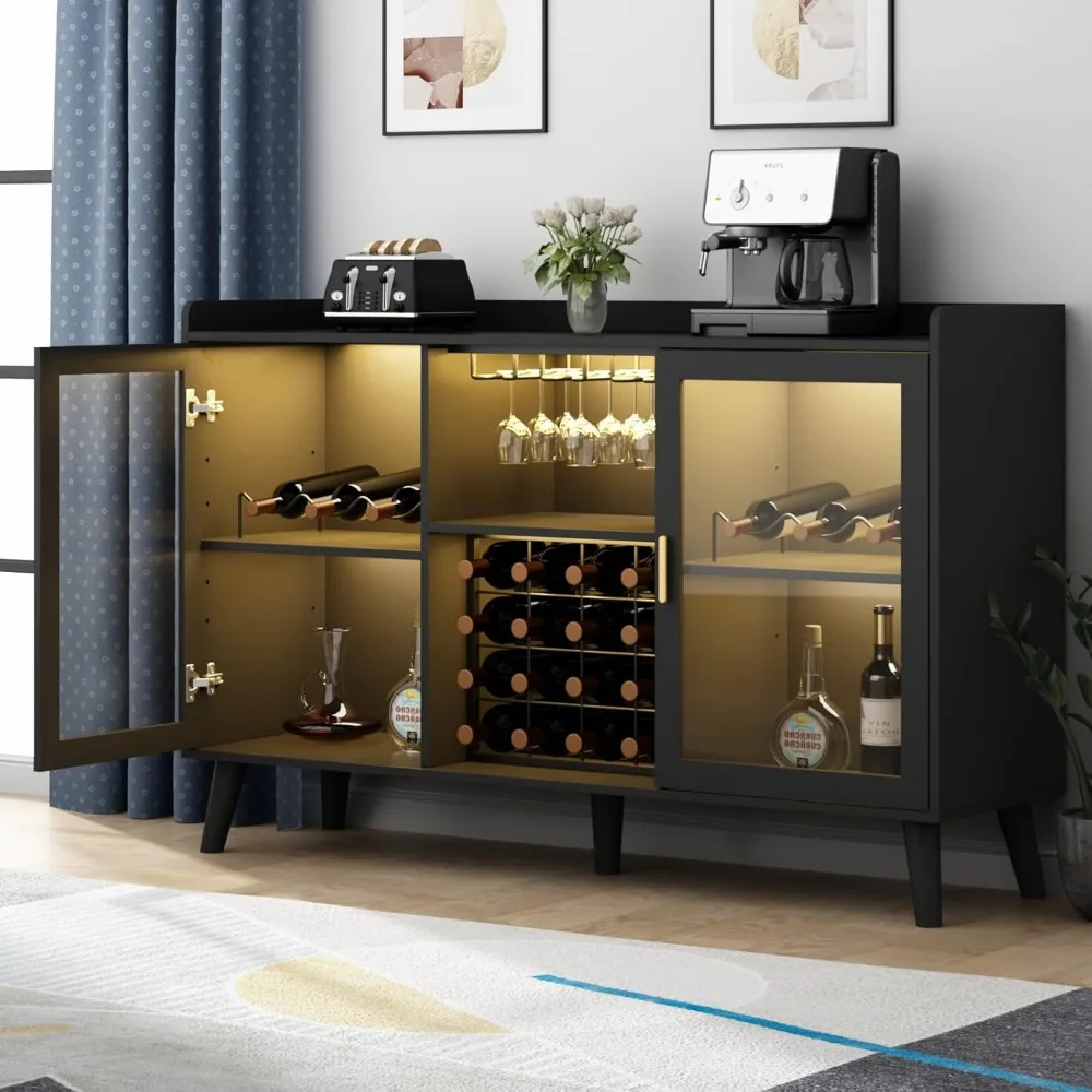 Wine Bar Cabinet with LED Light, Home Coffee Cabinet with Wine Rack and Glass Holder, Kitchen Buffet Sideboard W Storage Shelf