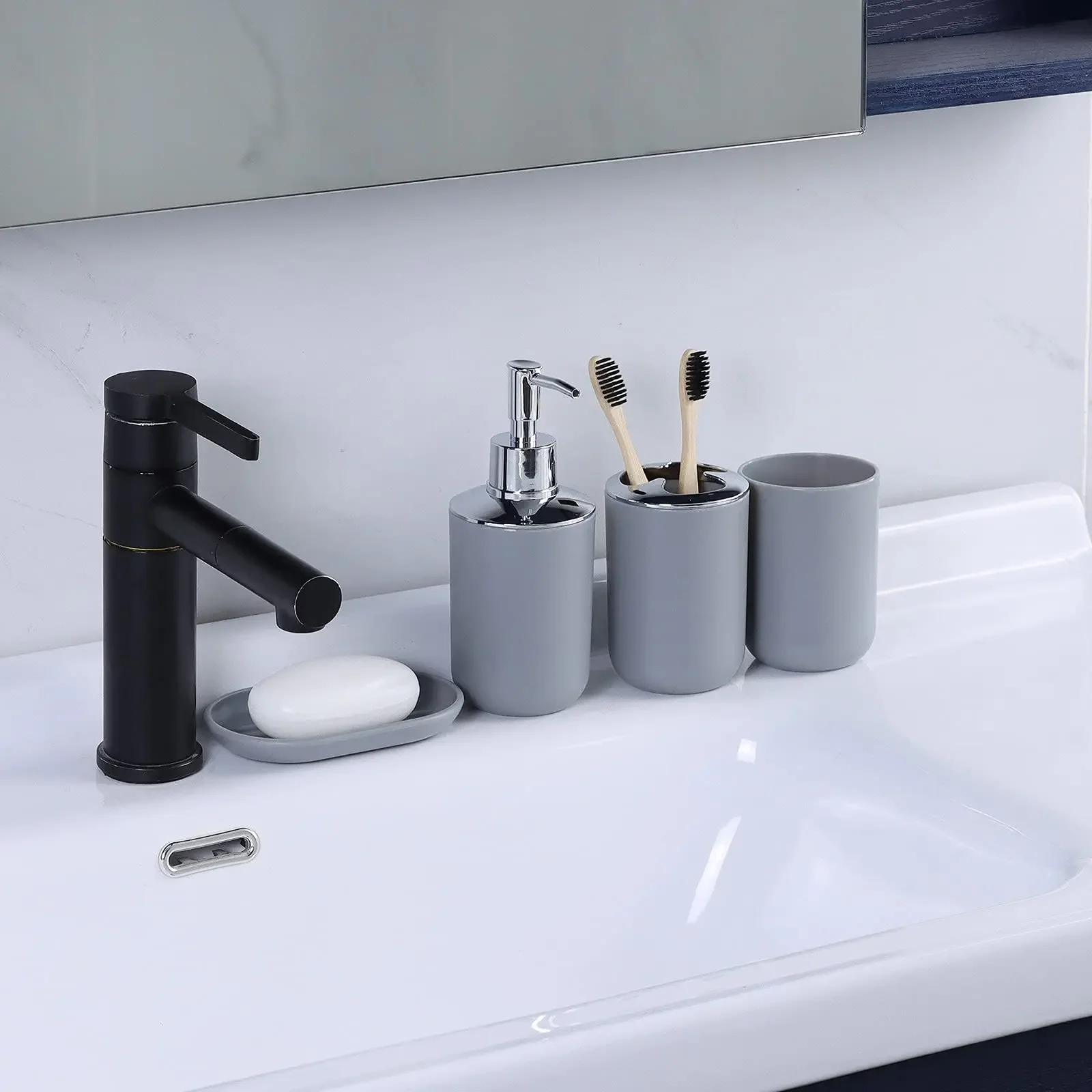 Bathroom Accessories Set 6 pcs Toothbrush Holder Toothbrush Cup Soap Dispenser Soap Dish Toilet Brush Holder Trash Can
