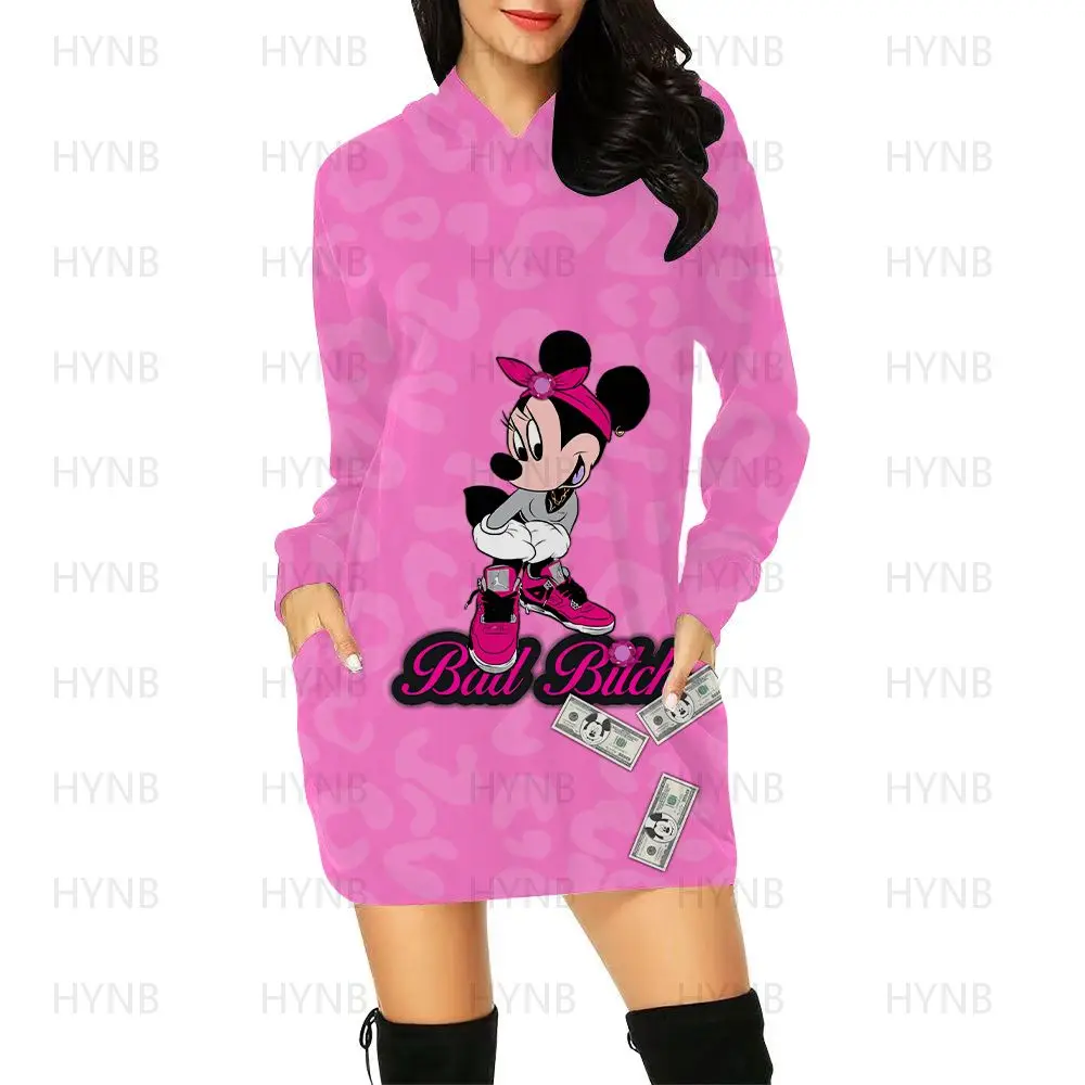 

Long Sleeves Korean Fashion Hoodie Luxury Party Dress Sweater Dress Kawaii Mini Woman Clothes Mickey Disney Minnie Mouse Dresses