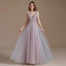 

Pink Evening Dresses 2022 Beaded Sequined Lace Appliqus A Line V Neck Long Prom Gowns Elegant Sparkle Bling Night Women Party