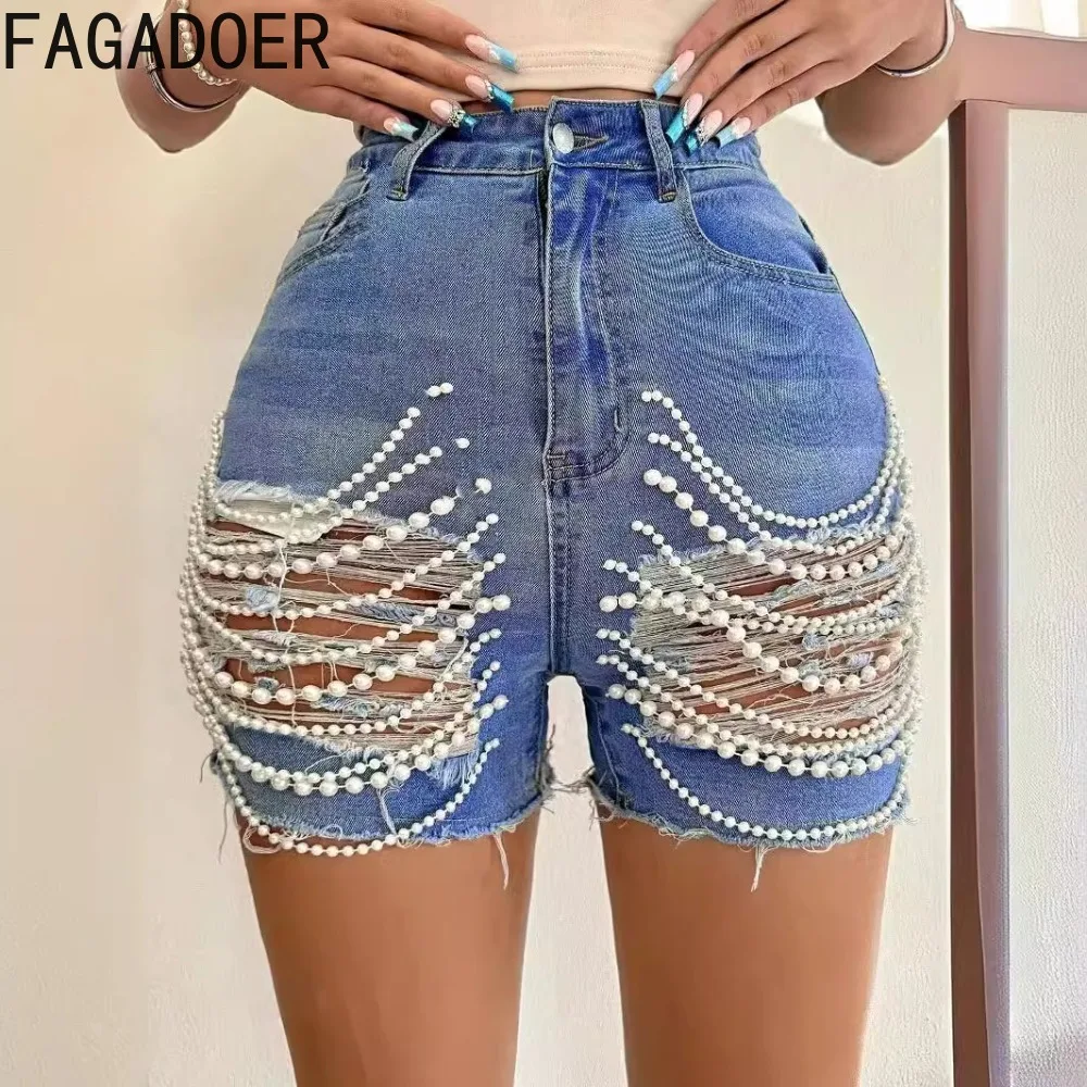 FAGADOER Fashion Hollow Out Hole Bead Chain Jean Shorts Women High Waisted Button Pocket Slim Shorts Summer New Denim Bottoms