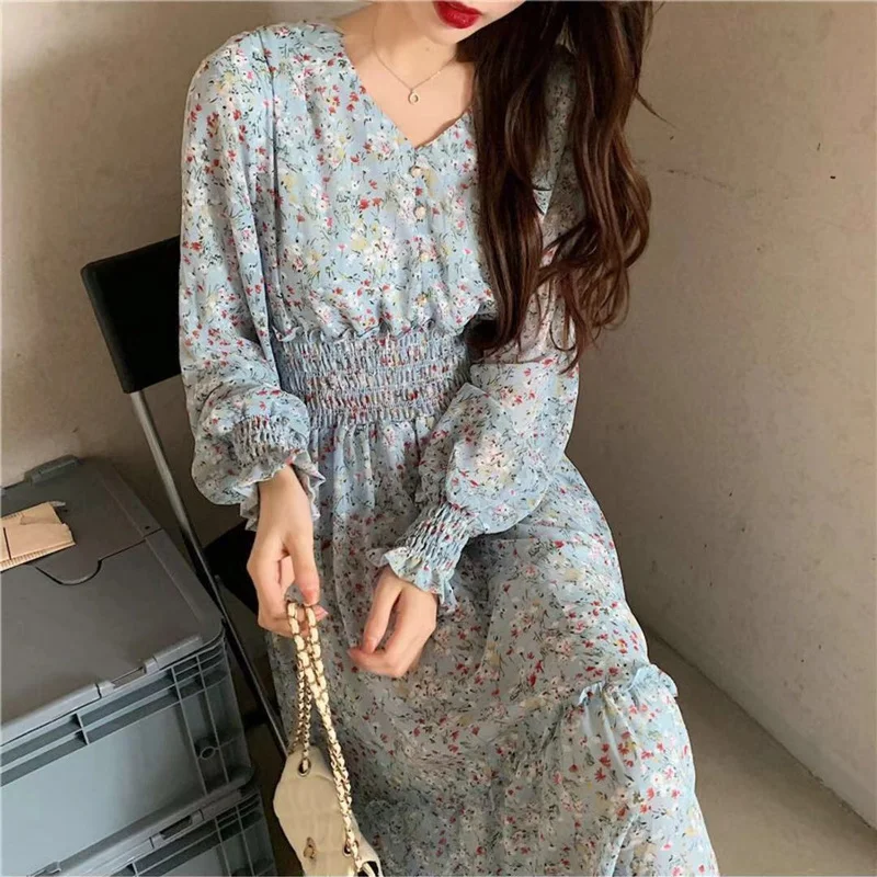 

Spring Summer Mujer Fashion Female Vintage Printed Long Sleeve V-neck Loose Chiffon Dress Women Casual A-line Dresses Vestidos
