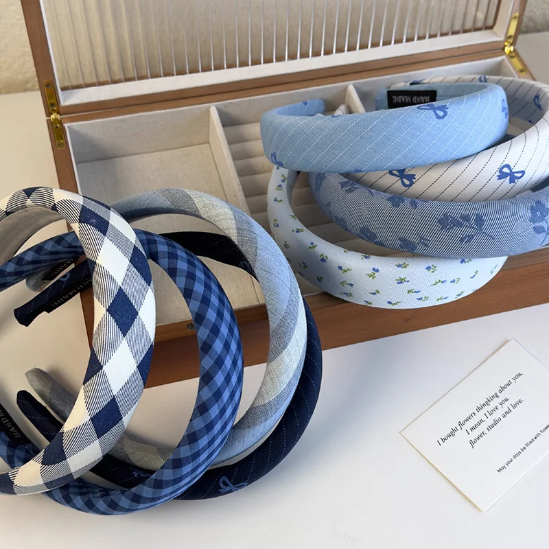 Bluish Stripe Plaid Print Headband with Sponge Padding and Sweet Blue Flower Bow Design