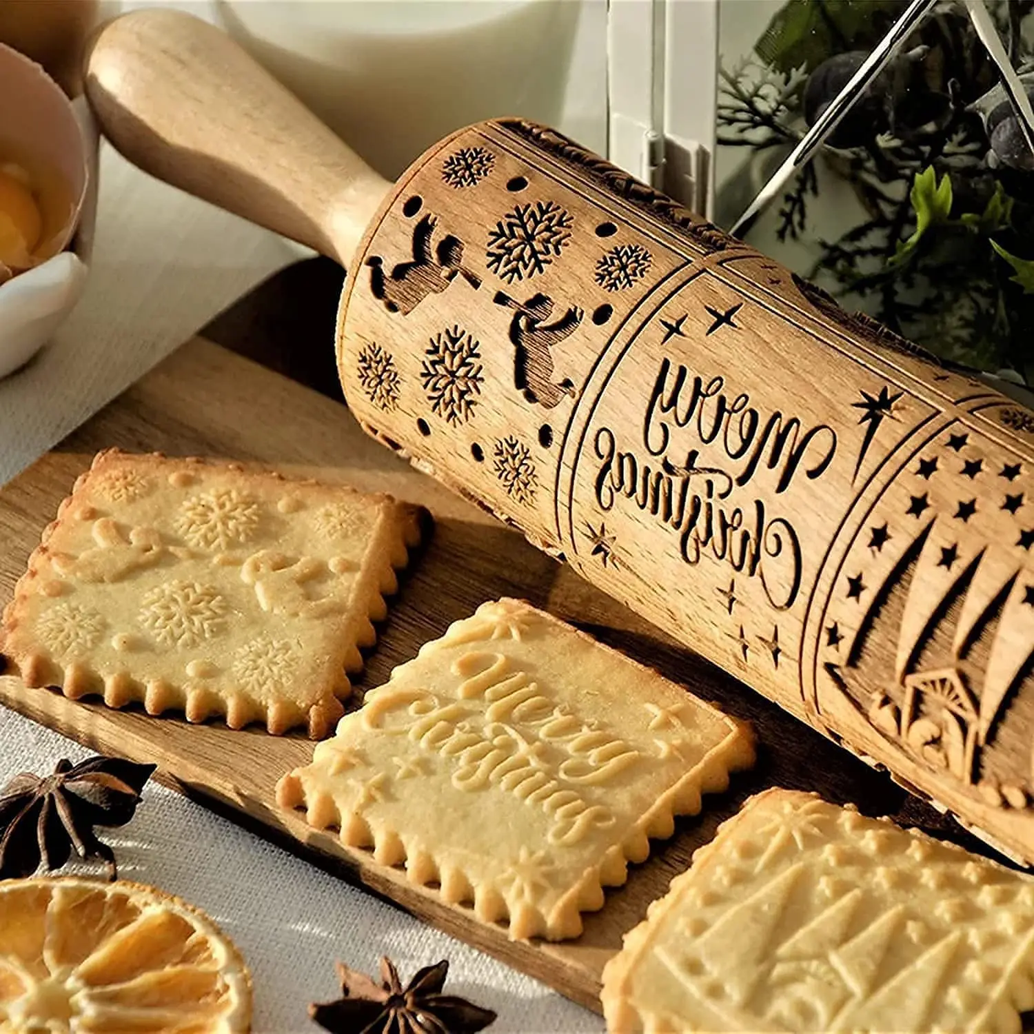 Christmas Print Rolling Pin Wooden Cookie Pastry Christmas Gift Surround Elk Snowflake Style Christmas Decoration DIY Handicraft Christmas Print Rolling Pin Wooden Cookie Pastry Christmas Gift Surround Elk Snowflake Style Christmas Decoration DIY Handicraft