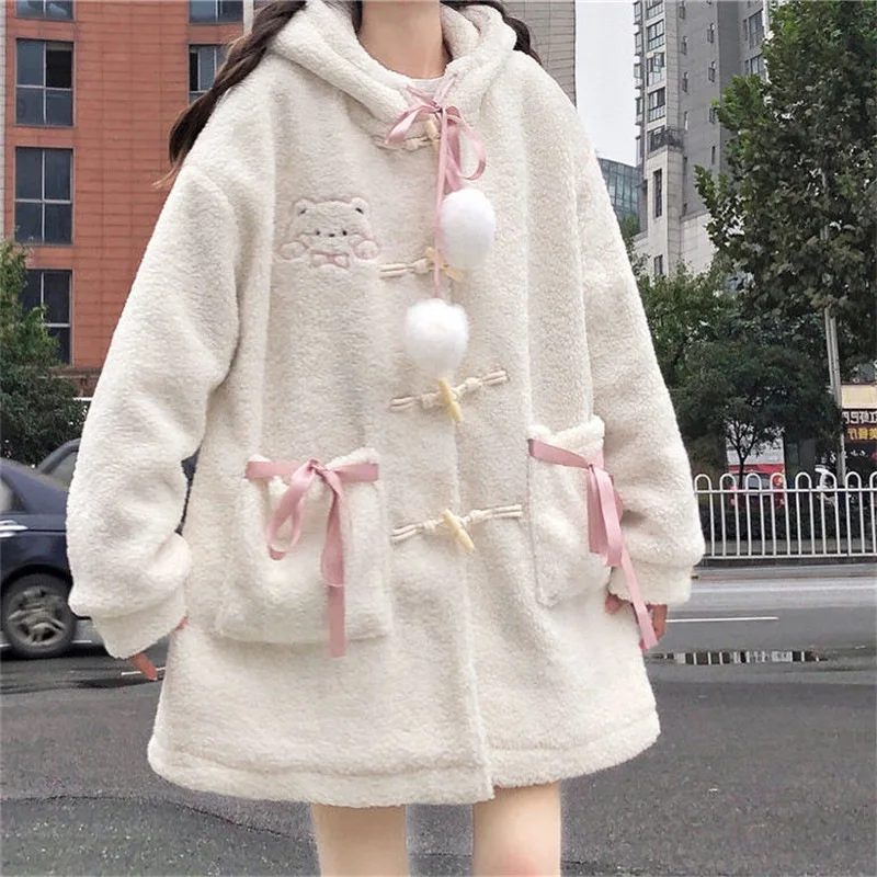 Japanese Academy Style Cute Little Bear Lamb Wool Top 2023 Autumn Winter Women New Plush Thickened Loose Gentle Coat Hoodies Y2k