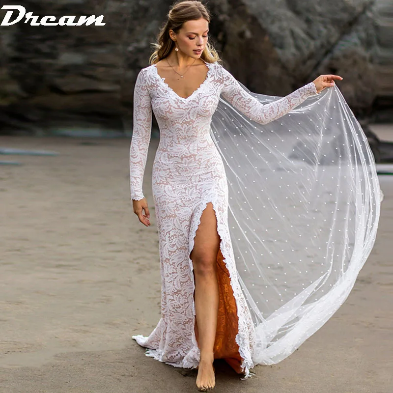 

DREAM Sexy Boho Lace Mermaid Wedding Dresses Backless Long Sleeve High Side Slit Bridal Dress V Neck Elegant Vestido de Noiva