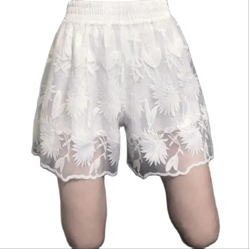 Safety Pants White Floral Crochet Shorts Summer Vintage Loose Wide Leg Female Shorts Ladies Lolita Embroidery Sweet Underskirt