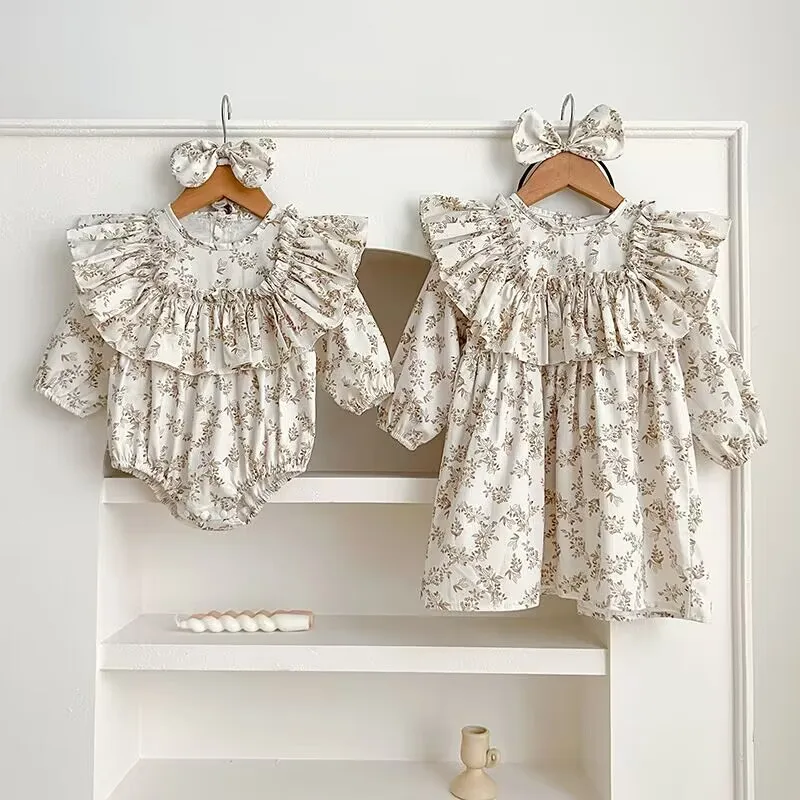 

Big Ruffle Baby Girls Sweet Floral Romper 2023 New Autumn Long Sleeve Newborn Infant Bodysuit Princess Lace Dress Kids Clothes