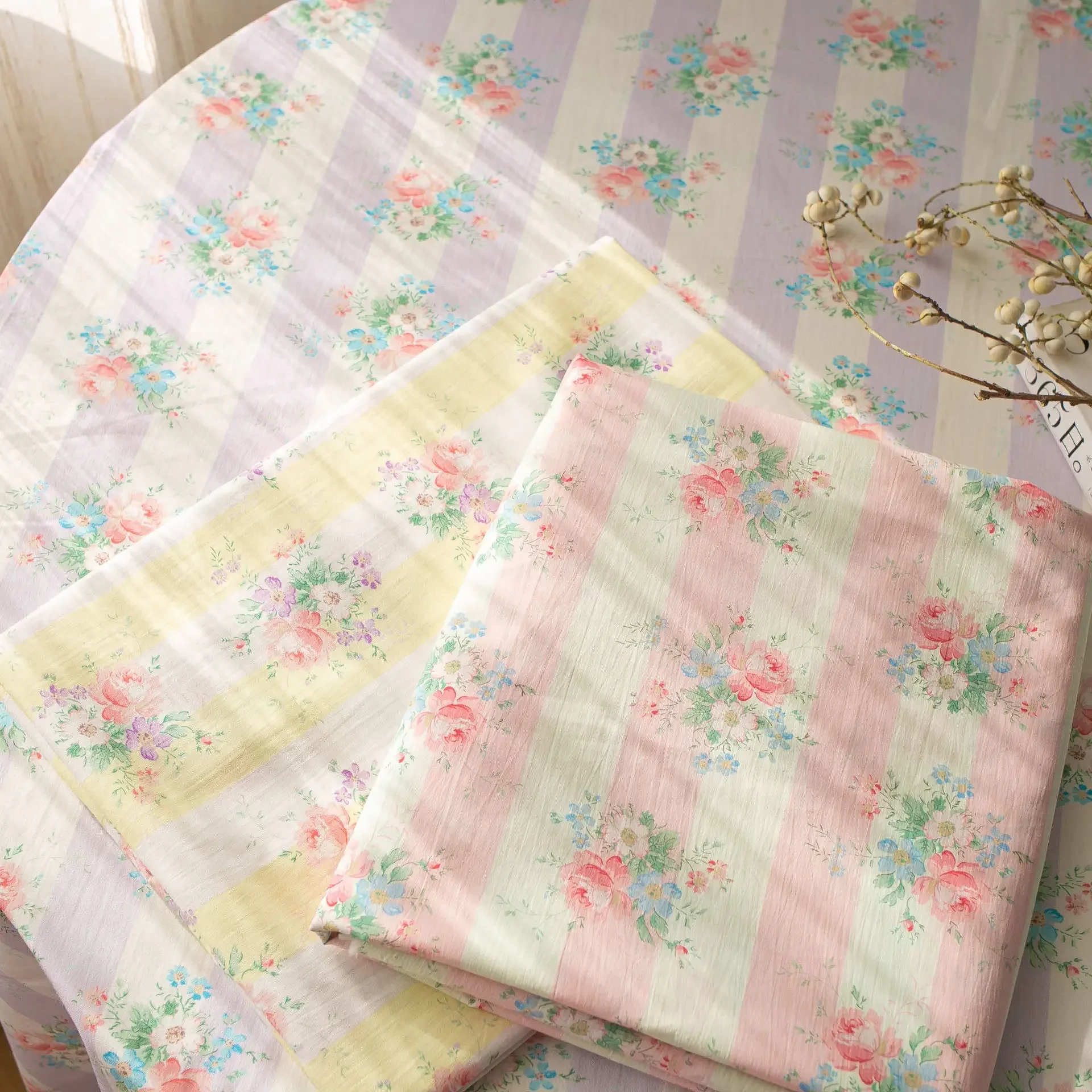 Pure Cotton 60pcs Digital Printing Fabric Korean Style Fresh Striped Flower Women's Clothing Children's Wear Cotton Homewear