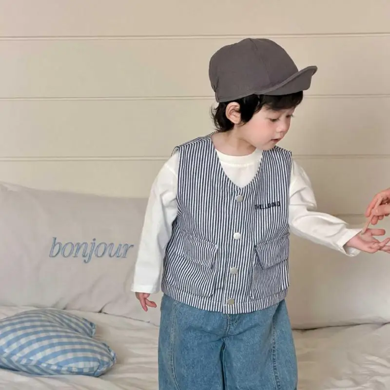 2026 봄  민소매 조끼 재킷  남아 패션 스트라이프 조끼 가디건 여아 캐주얼 코트 면 복