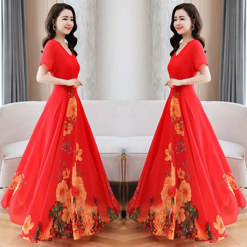 

Maxi Dress Women Casual Vintage Short Sleeve Summer Dress Quality Chiffon Vestidos Boho Style Ladies O-Neck Floral Dress A18