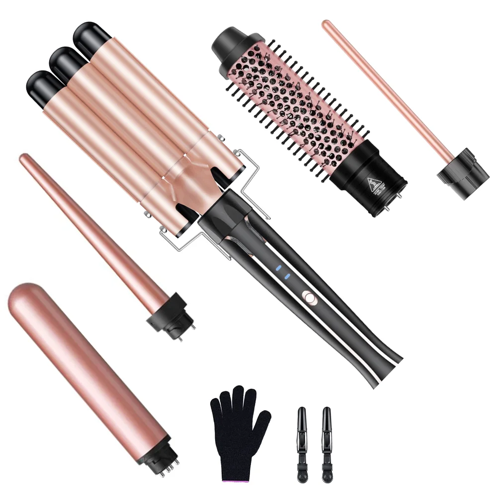 Professional Curling Iron Set 5 in 1 Hair Waver Curling Iron Interchangeable Triple Barrel and Electric Brushes for Hair Tools