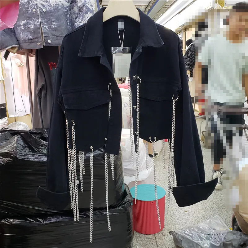 

Denim jacket women's 2022 new loose long-sleeved personality heavy industry chain decoration short denim jacket tide
