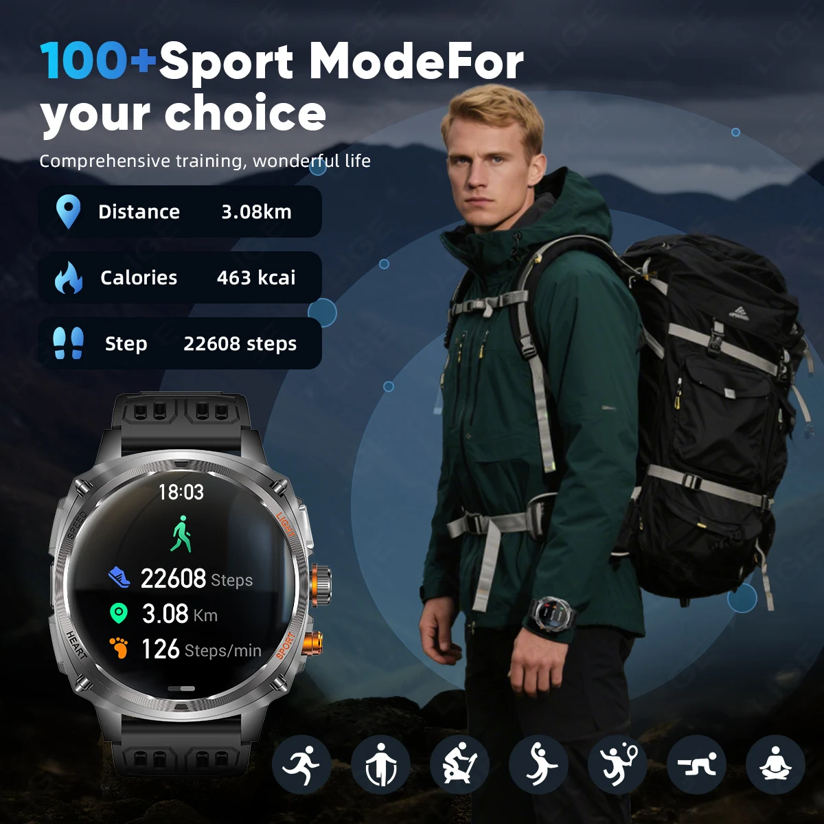 LIGE 2026 New Outdoor 800mAh AMOLED Smart Watch Men Flashlight BT Call Heart Rate Sleep Monitoring Waterproof Health Smart Watch