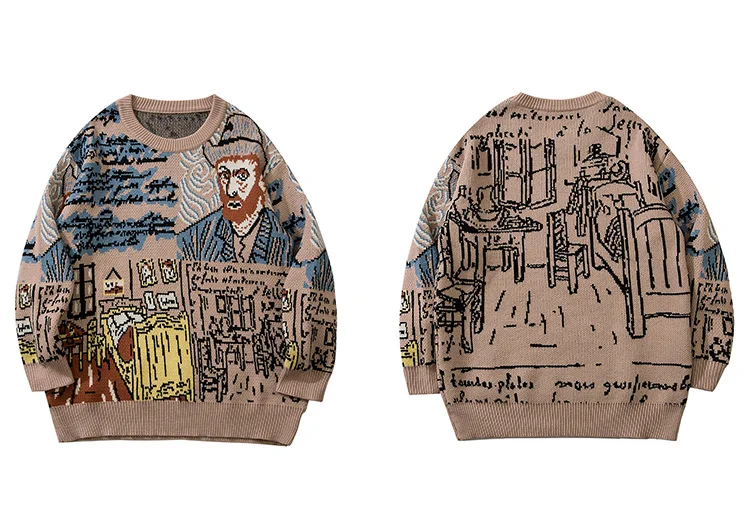 winter sweater for men Vintage Knitted Sweater Men Streetwear Van Gogh Graffiti Print Sweaters Mens Cotton Harajuku Hip Hop Loose Padded Pullover Women black sweater with zipper