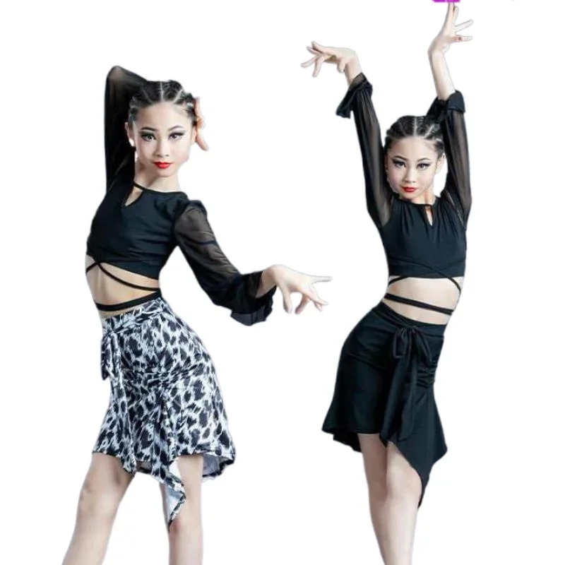 

Girls Leopard Print Latin Ballroom Dance Competition Costumes Mesh Children Black Salsa Modern Latin Practice Dancewear Dress
