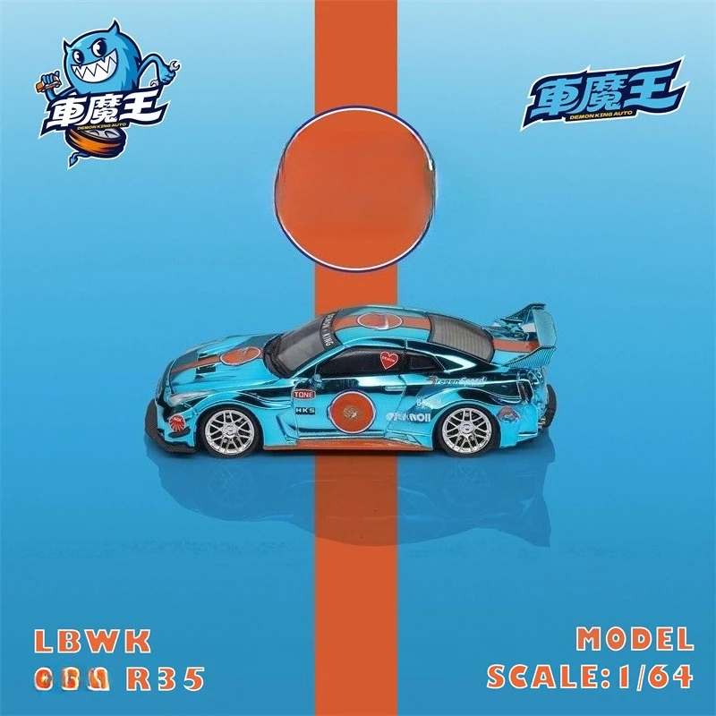 Demon King Auto 1:64 R35 LBWK Blue Chrome Orange Diecast Model Car