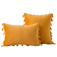 Velvet Soft Solid Decorative Throw Pillow Cover with Tassels Boho Accent Luxury Gift Cushion Case for Couch Bedroom Car Yellow 1